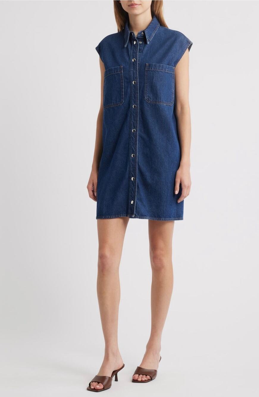 Frame The Sleeveless Denim Mini Shirtdress Shirt Dress in Fault Dark Blue NEW XS